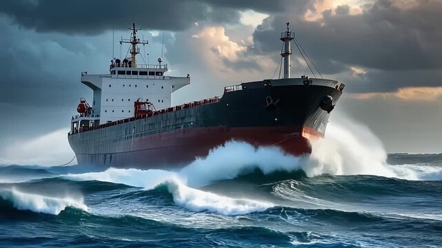 荒れた海を力強く進む輸送船が国際物流を支える現場を映し出す
