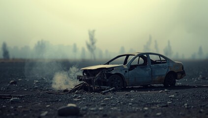 Destroyed automobile after blast, highlighting collision damage assessment and roadside emergency response, Road Safety Week