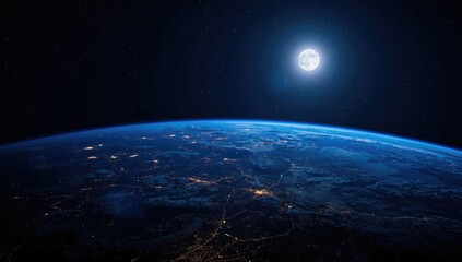 Obraz premium Celestial body in moon orbit around the blue planet Earth with illuminated cities at night, showcasing space and urban contrast