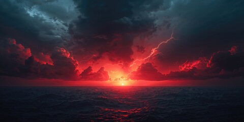 Vivid sunset with darkening clouds suggests a potential natural catastrophe, focusing on atmospheric phenomena