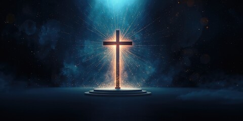 Fototapeta premium Decorative Christian cross design on a luminous background with shining gold elements and light effects, ideal for religious or festive displays