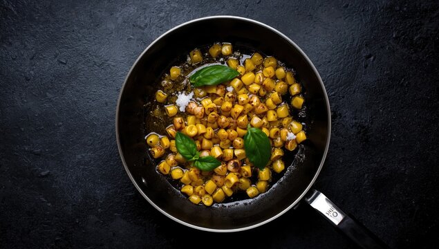 Fried corn seasoned with pepper basil and salt in a pan, focusing on preparation and seasoning details