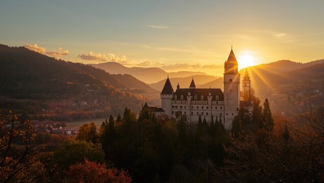 Sunset over the fortress of Bran in Transylvania, highlighting Gothic-style medieval construction