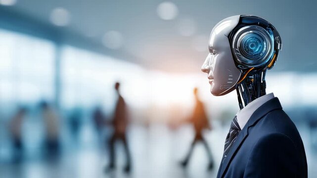 Sophisticated AI robot with human like face, mechanical features is dressed formally, representing integration robotics in business. Blurred office background highlights innovation, progress