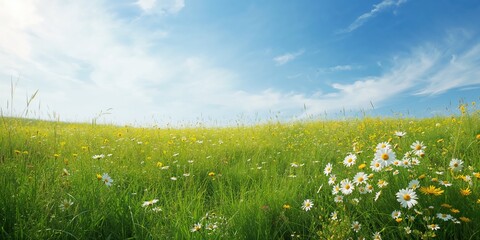 Field of blooming wildflowers during summer, suitable for use as an editorial header background, Earth Day