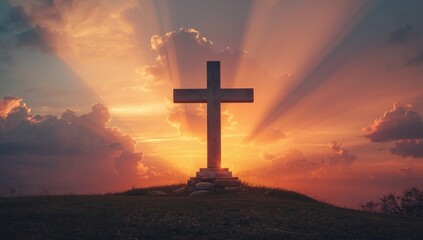 Cross monument set against a vibrant sunset background, emphasizing religious faith during Easter