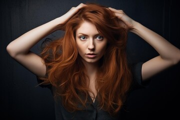 Fototapeta premium Young woman with long red hair touching her head in a studio portrait