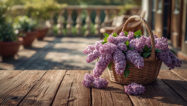 Basket of lilac flowers on a wooden plank, suitable for nature-themed layout or floral design