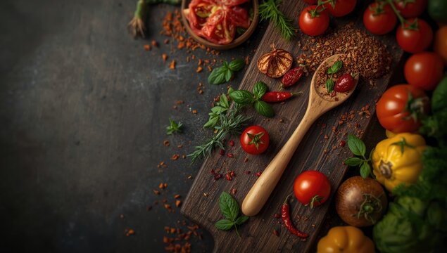 Plant-based meal preparation with wooden utensil on deep-colored surface, highlighting nutritious cooking