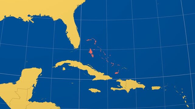 Bahamas on Globe. Animated zoom into the country in Ocean Blue Golden Yellow color palette. Bahamas logo animation. Map with meridians, parallels. Beautiful video.