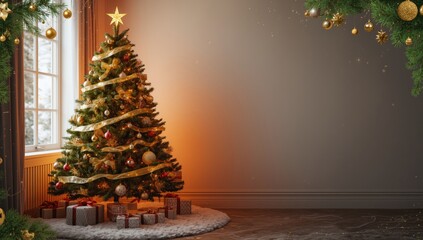 Fototapeta premium Christmas holiday card with a gold ribbon-adorned Christmas tree background, perfect for seasonal greetings