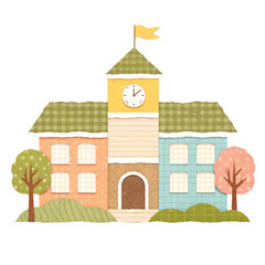 Paper Cut Style Illustration of School Building with Clock Tower