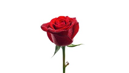 Single red rose bud on plain white backdrop, suitable for floral design