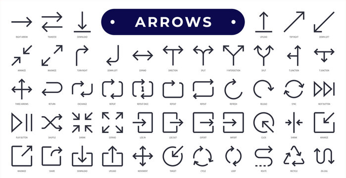 Arrow icon set collection, featuring navigation, direction, transfer, refresh, sync, movement, and interface actions for web, app, UI, and marketing design.