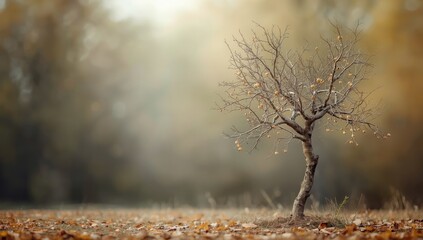Detailed view of a leafless apple tree with tiny apples amidst a forest background during autumn, focusing on seasonal transition and natural growth