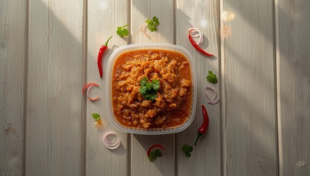 Overhead shot of a plastic container containing dhal butter fry, focusing on cooking technique and ingredient presentation
