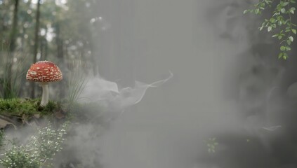 Fly agaric mushroom on moss with gray background, suitable for botanical or nature-themed layouts