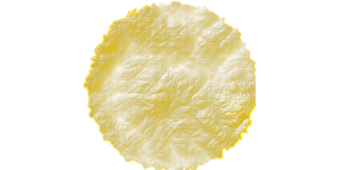 Abstract Yellow Crumpled Plastic Texture, Circular Wrinkled Surface Design Element with Glowing Edges Isolated on White Background