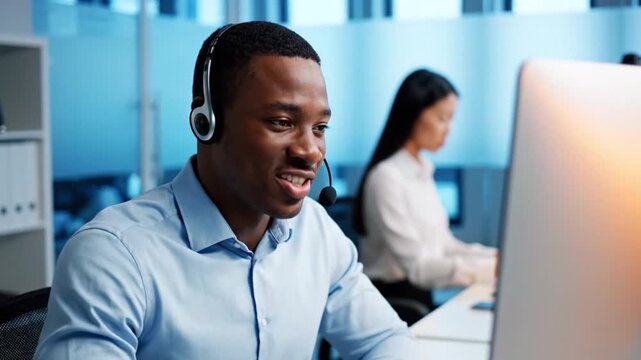 Customer Support Excellence: A focused customer service representative engages in a supportive conversation, delivering assistance with a welcoming demeanor.