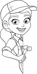 Fototapeta premium A woman female carpenter holding a hammer tool builder construction cartoon character mascot.