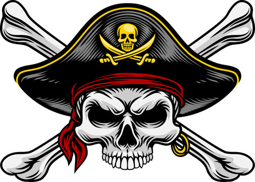 Pirate skull crossbones wearing a tricorn captain hat with crossing bones. In a vintage retro woodcut style.