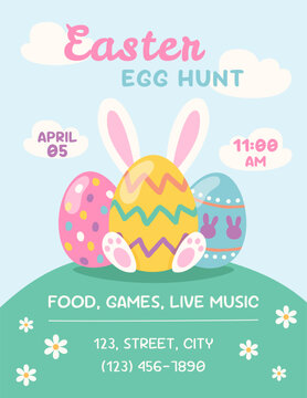 Easter egg hunt poster template with eggs and bunny hears. Vector illustration 