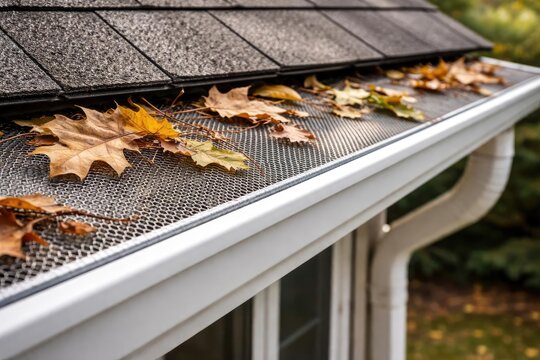 Focused capture of a residential gutter with leaf guard mesh and leaf debris representing roof safety and home maintenance tasks