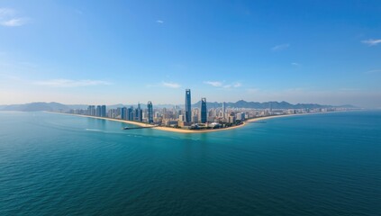Birds-eye perspective of a seaside cityscape, highlighting waterfront development and city planning, Earth Day