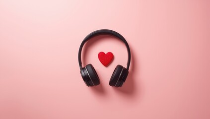 Black headphones with red heart on pink background, highlighting personal audio accessories, World Heart Day