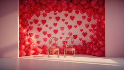 Decorative stage featuring a chair and balloons for a festive occasion, event planning environment, seasonal celebration setting, party decor background