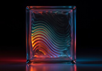 Intense light spectrum separation and wave distortion captured through a thick glass block, creating an abstract optical illusion, bending, creative, separation