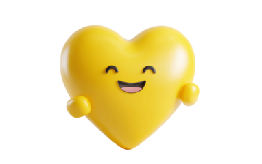 Playful yellow heart emoji design holding small face symbolizing happiness, cheer, and heartwarming emotion isolated on transparent background PNG