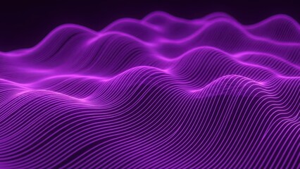 Vibrant purple waveform pattern with glowing neon lines on dark background for technology and digital design