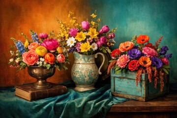 Fototapeta premium Striking fake flower groupings in vintage containers designed for vibrant home styling with colorful backdrop