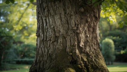 Close-up of tree bark with a garden backdrop, emphasizing natural textures for landscape planning, Earth Day