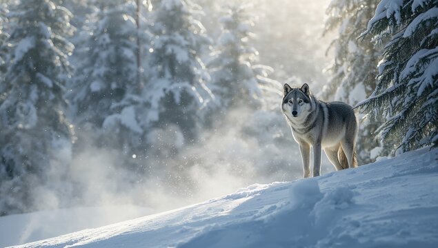 Gray polar wolf standing at the snow-covered forest boundary, highlighting natural habitat conservation