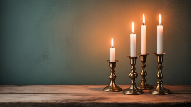 Elegant candles lit on antique brass holders against a moody wall