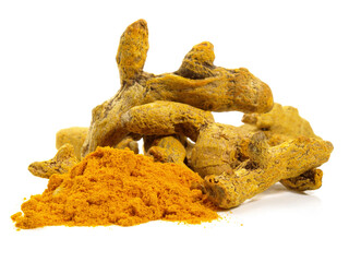 Dried Tumeric Root with Tumeric Powder on white Background