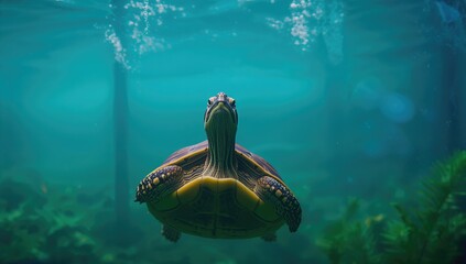 In an aquarium, a red eared turtle surfaces, highlighting aquatic habitat care, World Turtle Day