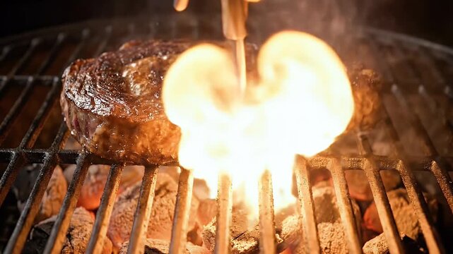 Low Angle Shot of Ribeye Steak on Grill with Fire Flare-up representing Premium Quality Food