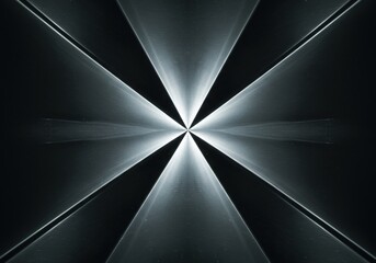 Symmetrical visual field captured on highly polished steel. The reflective surface displays pure, empty space and clarity, sheen, shiny, digital