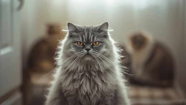 Close-up of a grey cat with tufts of fur in its mouth, highlighting grooming activity, pet care setting