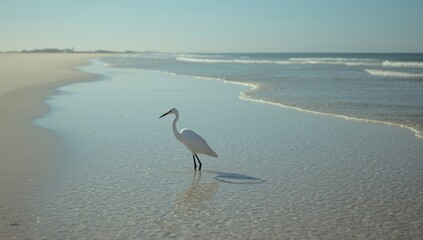 Fototapeta premium White egret bird walking along the shoreline, emphasizing coastal ecosystem health, World Oceans Day