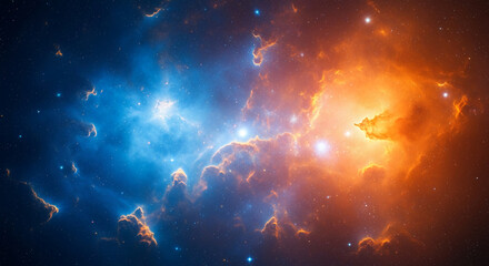 Vibrant nebula image with blue and orange hues, filled with bright star. Symbolizes cosmic vastness, celestial wonder, and universe exploration