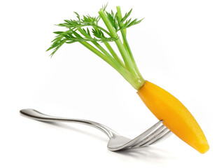 Vegetables - Boiled shaped Carrot on a Fork - White Background