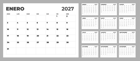Classic design of the Spanish calendar 2027 with enlarged January, multiple uses and minimalist typography, concept for daily organization.