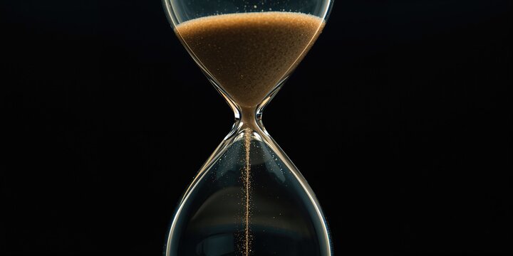 Close-up of a sand timer from beneath, symbolizing the ticking toward New Year, with a black background