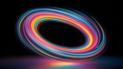 Multicolored ring with vibrant colors on black background and glowing light effects