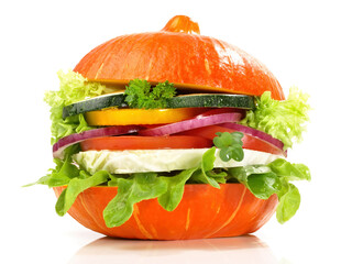 Vegetarian Hamburger - Pumpkin with Vegetables on white Background
