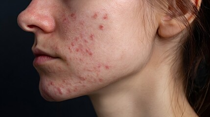 Young woman in profile with inflamed skin, red pimples and visible pores, showing acne, redness and irritation that suggest a dermatological condition needing treatment and care